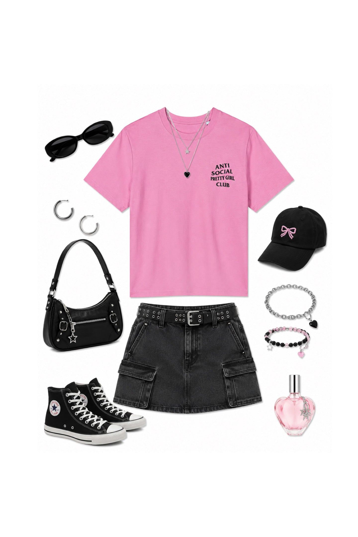 A styled flat-lay outfit on a white background featuring a pink graphic t-shirt, a black denim cargo mini skirt, black high-top sneakers, a black handbag, a black baseball cap, black sunglasses, silver hoop earrings, bracelets, a necklace, and a pink perfume bottle.