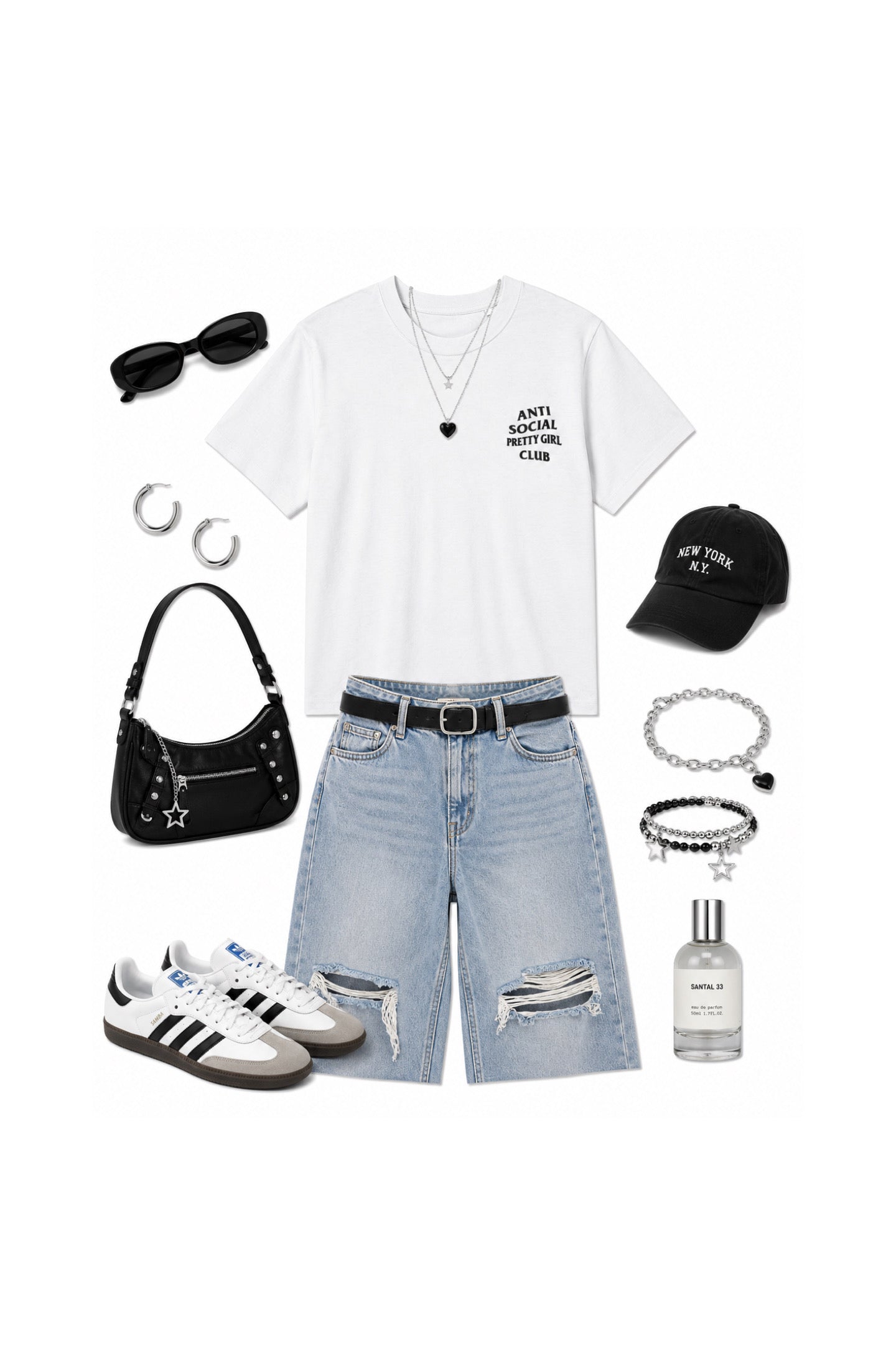 A styled flat-lay outfit on a white background featuring a white graphic t-shirt, light-wash distressed denim shorts, a black studded handbag, white and black sneakers, a black baseball cap, sunglasses, jewelry, and a perfume bottle.