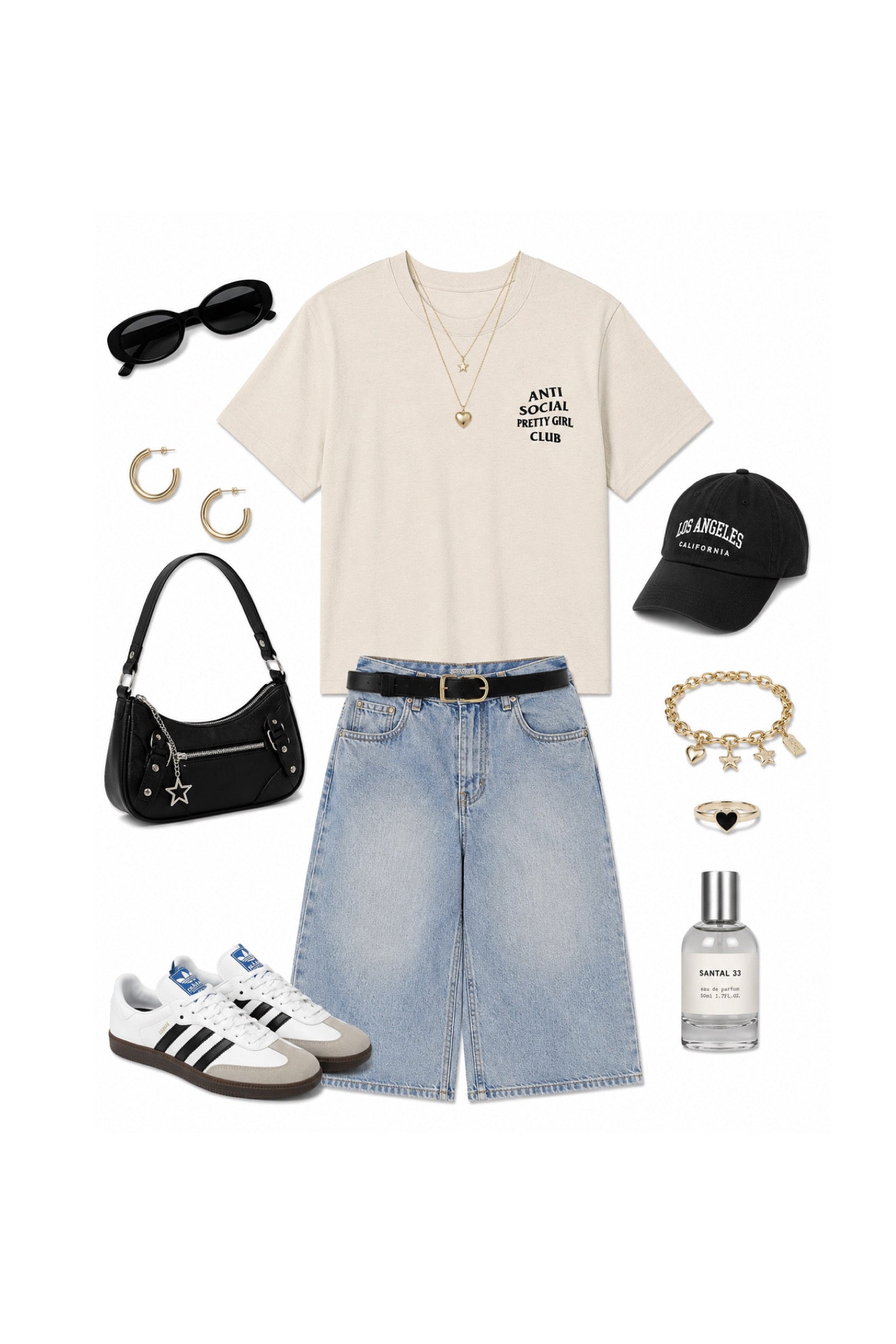 A styled flat lay outfit on a white background featuring a beige graphic t-shirt, light wash denim shorts, a black baseball cap, a black studded shoulder bag, white and black sneakers, gold jewelry, and a clear perfume bottle.