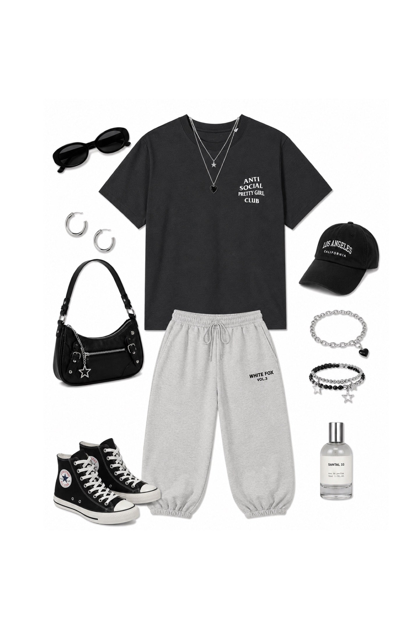 A styled flat-lay outfit on a white background featuring a black graphic t-shirt, light gray sweatpants, black high-top sneakers, a black handbag, a black baseball cap, black sunglasses, silver hoop earrings, layered necklaces, bracelets, and a clear perfume bottle.