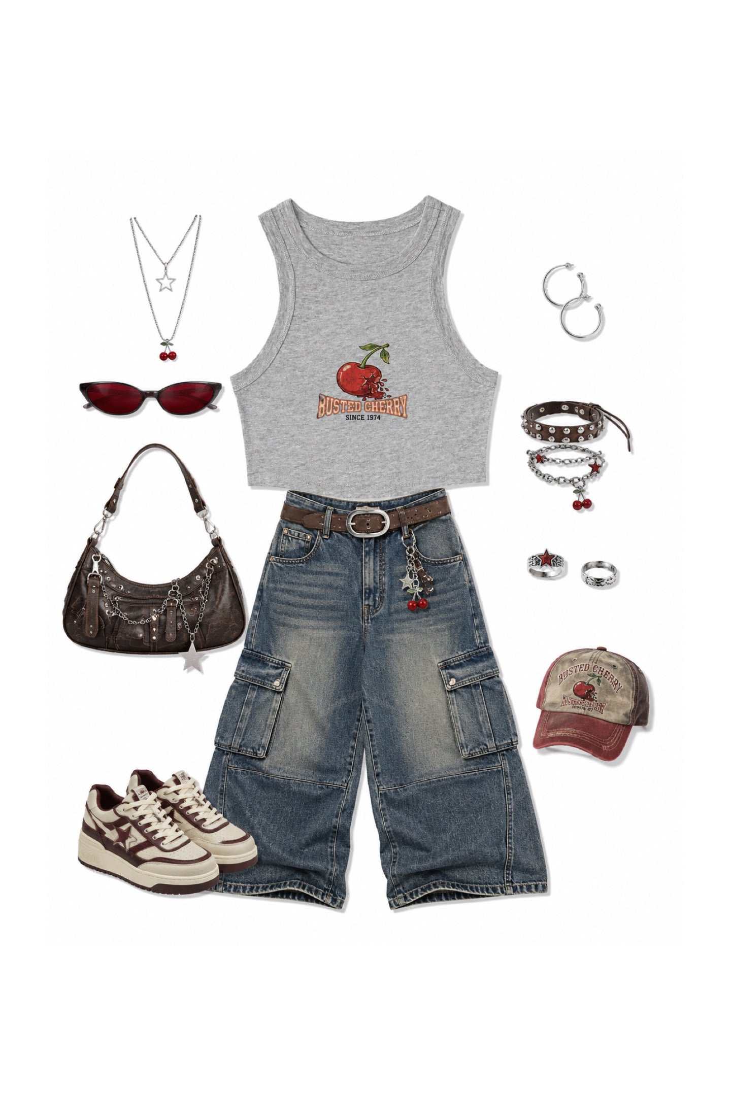 A flat lay outfit arrangement on a white background featuring a heather gray sleeveless tank top with a red apple graphic, blue denim cargo shorts, a brown leather shoulder bag, red sunglasses, layered silver necklaces and bracelets, rings, a brown and red baseball cap, and brown and white sneakers.