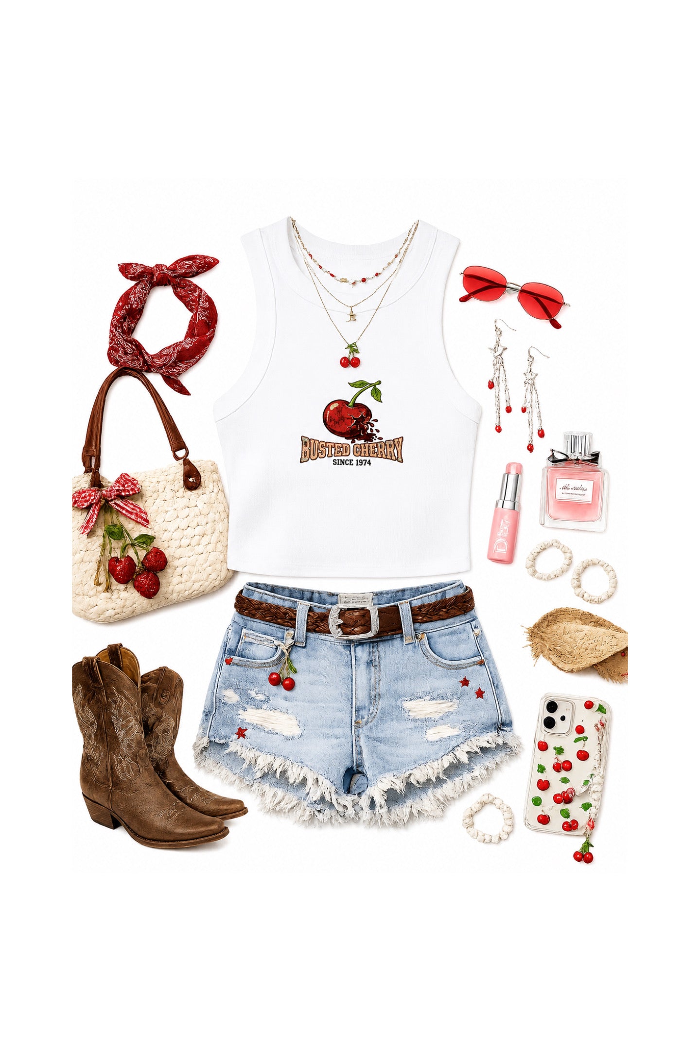 A flat lay outfit arrangement on a white background featuring a white tank top with a red and black cherry graphic, light blue distressed denim shorts with cherry embellishments, a red bandana, brown cowboy boots, a woven cream handbag with cherry details, red sunglasses, layered necklaces, a pink perfume bottle, a straw hat, and a cherry-patterned phone case.