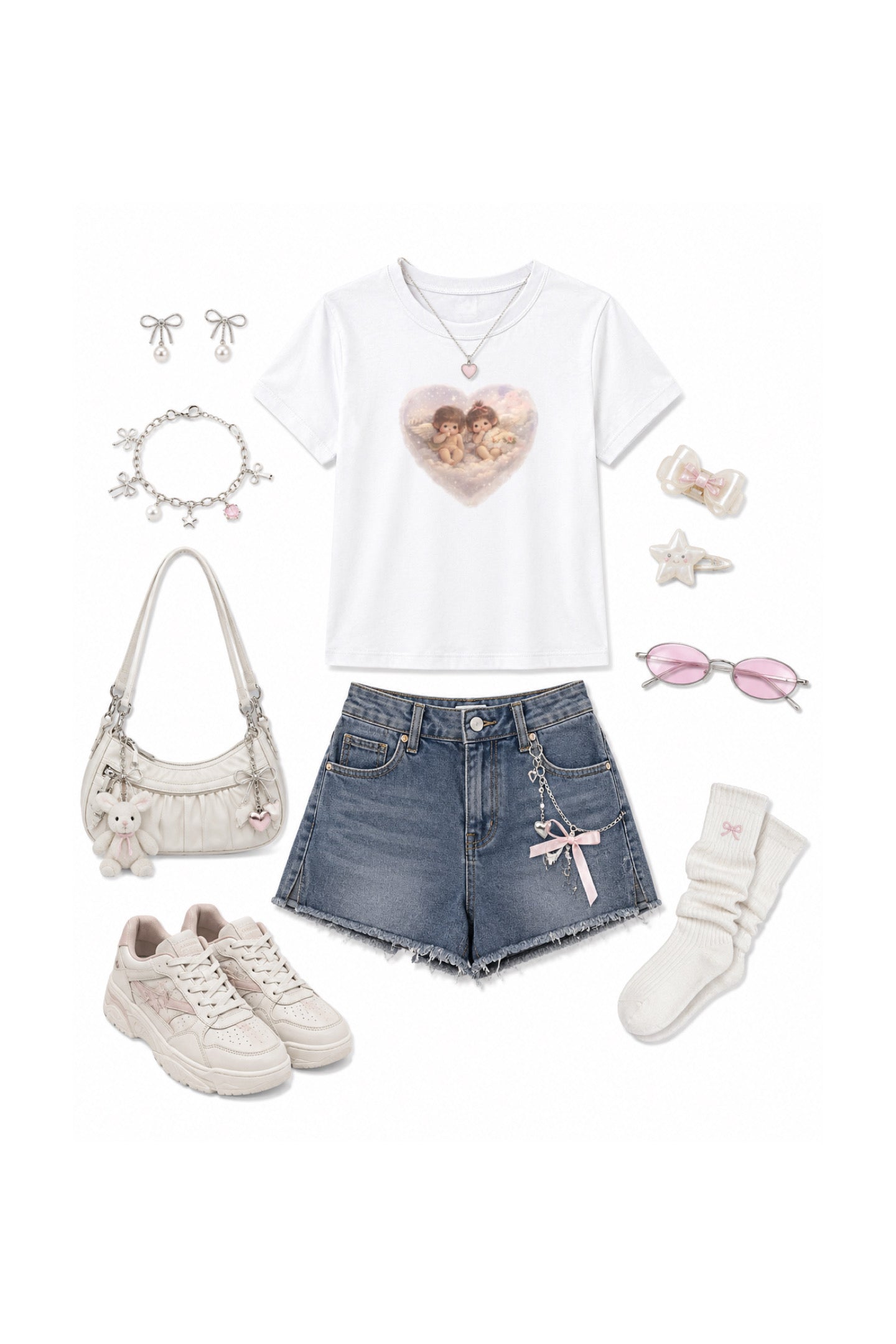 A styled flat-lay outfit on a white background featuring a white graphic t-shirt with a heart design, blue denim shorts, white sneakers, a cream shoulder bag, white socks, and various small accessories.