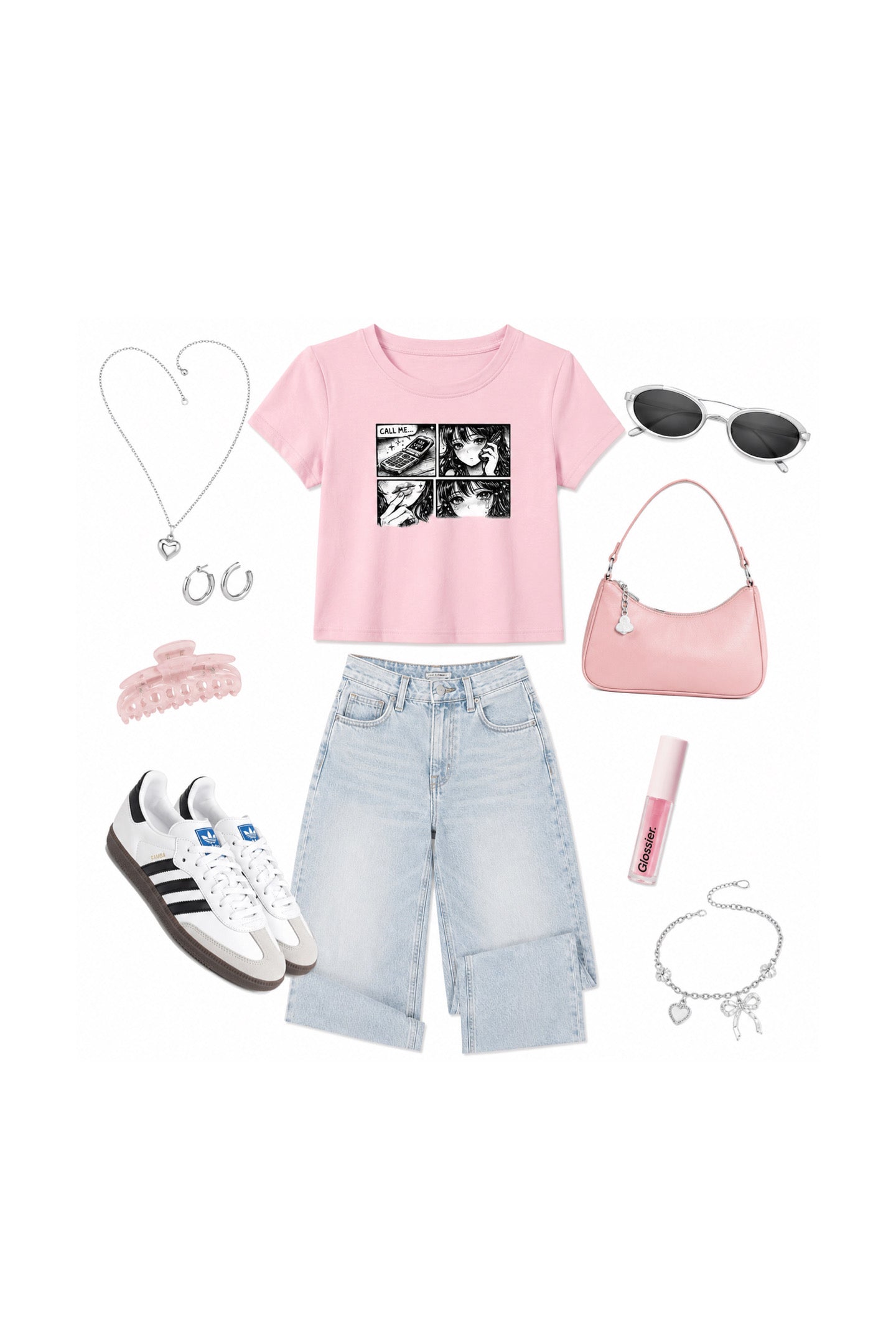 A styled flat lay outfit on a white background featuring a light pink graphic t-shirt, light-wash denim shorts, white and black sneakers, a pink shoulder bag, sunglasses, jewelry, and a pink hair claw clip.