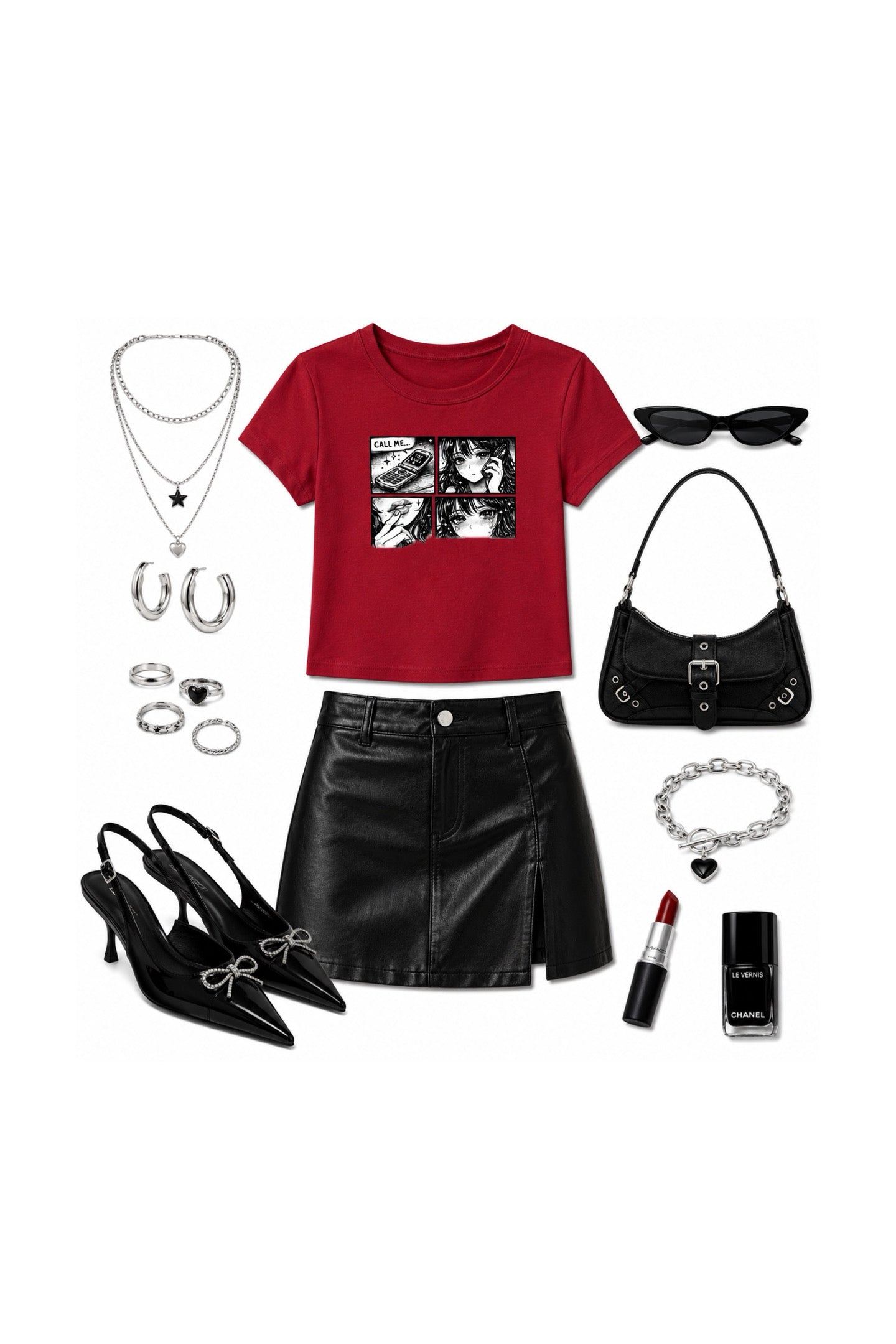 A styled flat lay outfit on a white background featuring a red graphic t-shirt, a black faux-leather mini skirt, black heels, a black handbag, silver jewelry, sunglasses, and other accessories.