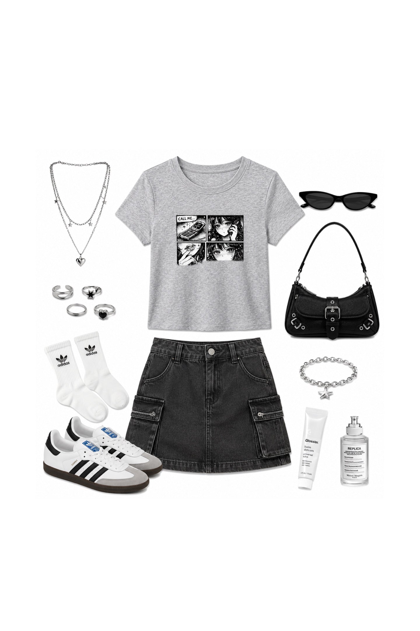 A flat lay outfit arrangement on a white background featuring a heather gray graphic crop top, a black denim cargo mini skirt, white Adidas socks, white and black Adidas sneakers, a black shoulder bag, silver necklaces and rings, black sunglasses, and skincare items.