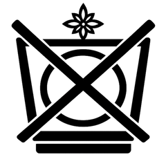 A black graphic icon of a cup or tumbler with a flower above it, overlaid with a large diagonal cross, on a solid white background.