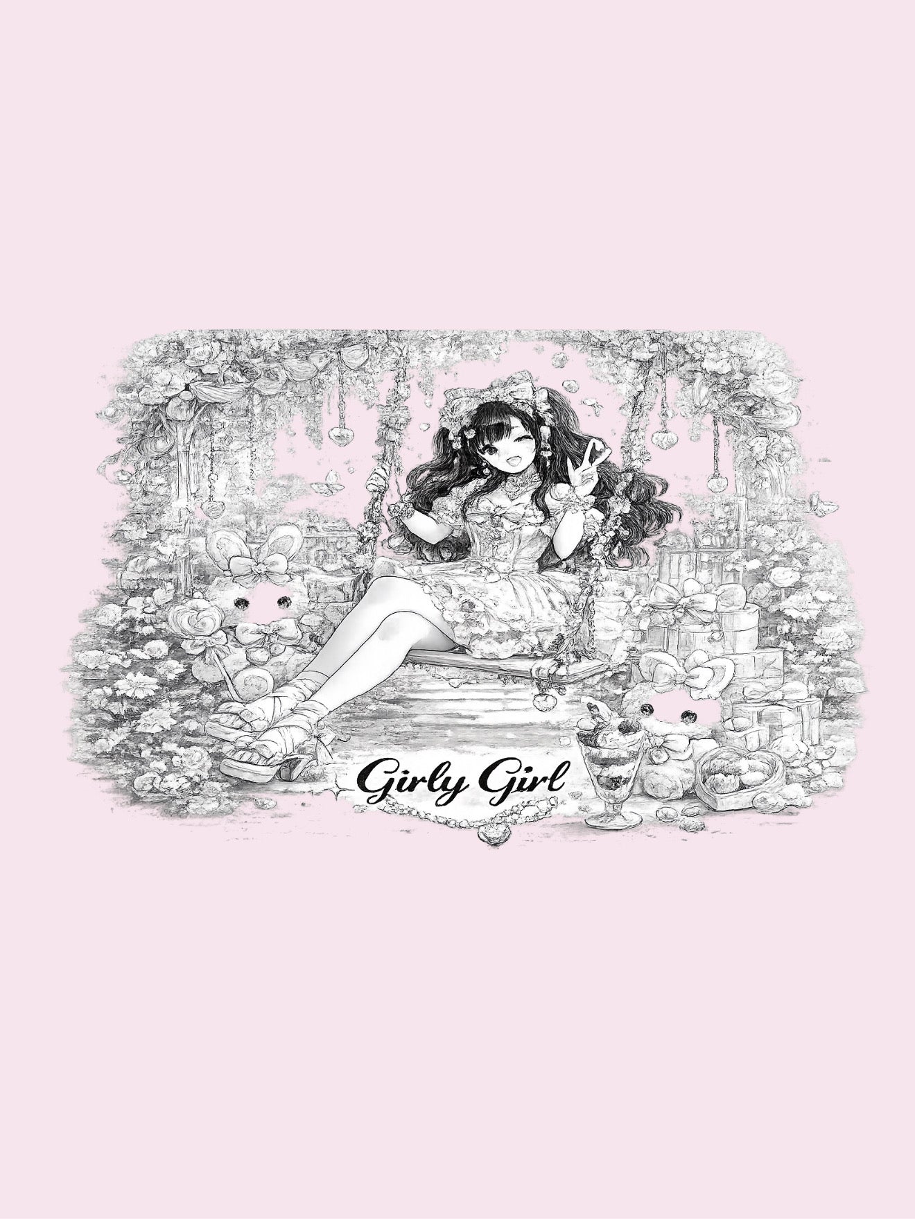 A black and white hand-drawn style illustration of a girl in a frilly dress surrounded by flowers and plush toys, centered on a pale pink background with the text 'Girly Girl' below.