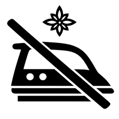 A black icon of a train with a diagonal slash through it and a flower symbol above, shown on a solid white background.
