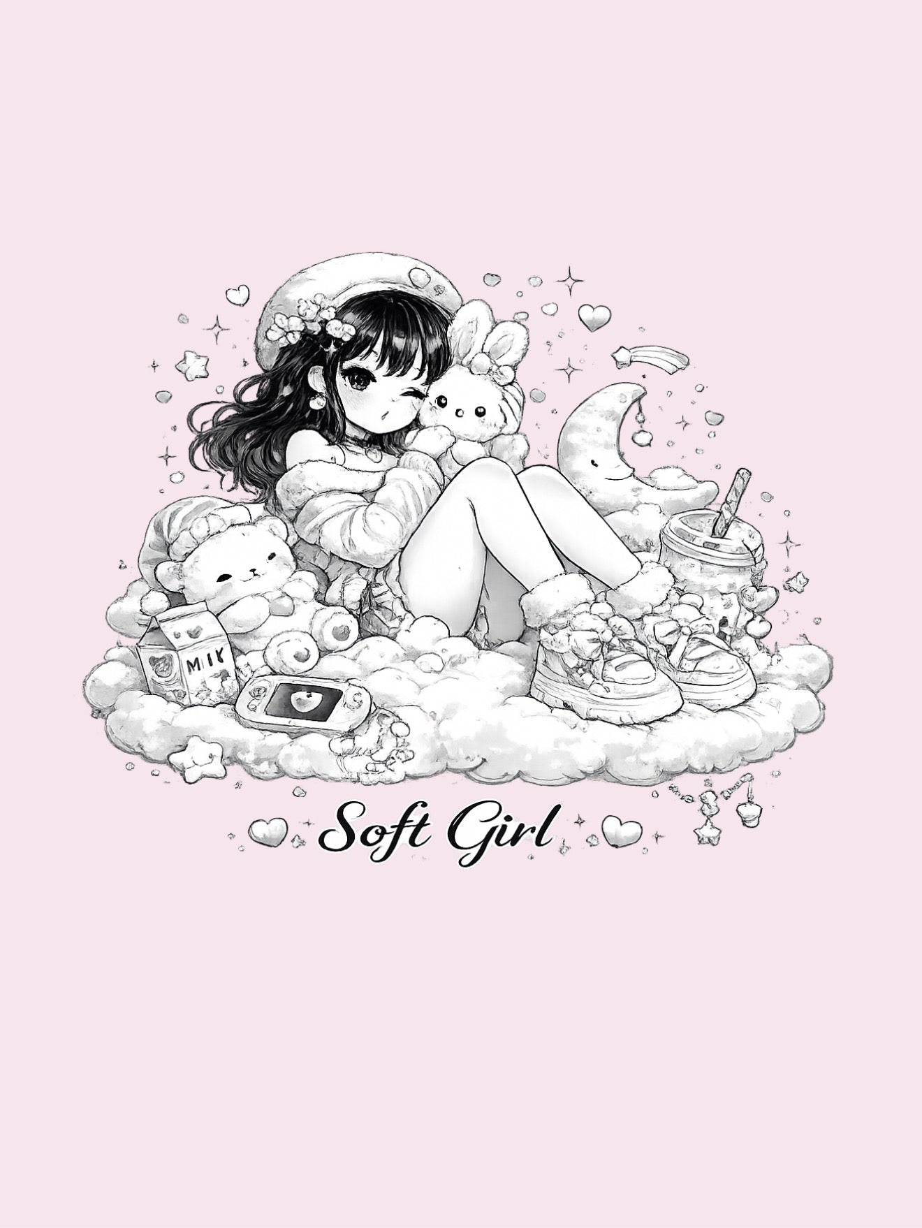 A pastel pink graphic print featuring a black and white anime-style illustration of a girl sitting on a cloud with a bunny, moon, stars, and small accessories, with the text 'Soft Girl' written below.