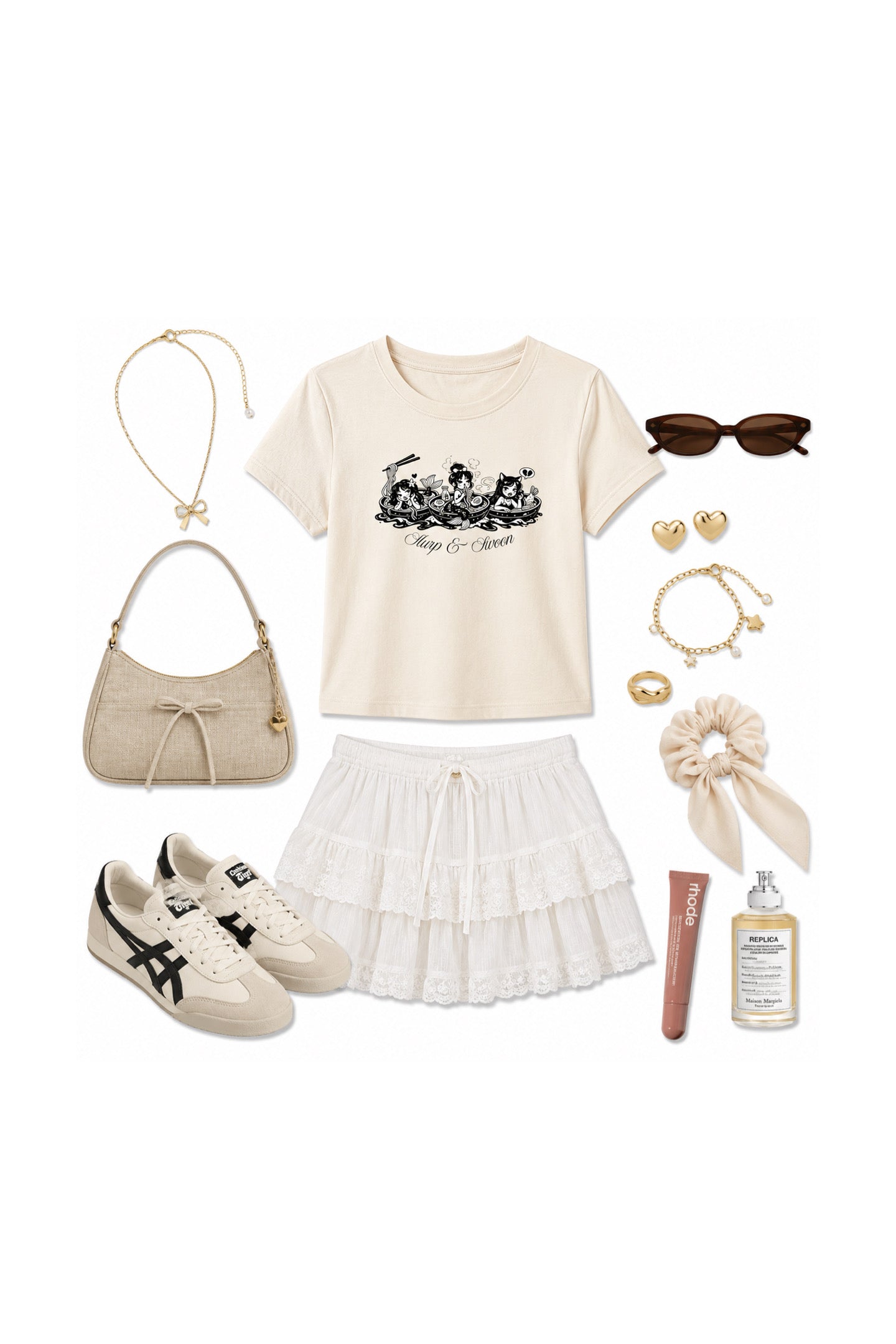 A flat-lay outfit arrangement on a white background featuring a cream graphic crop top, white ruffled mini skirt, cream sneakers, a beige shoulder bag, sunglasses, bracelets, a headband, and other accessories.