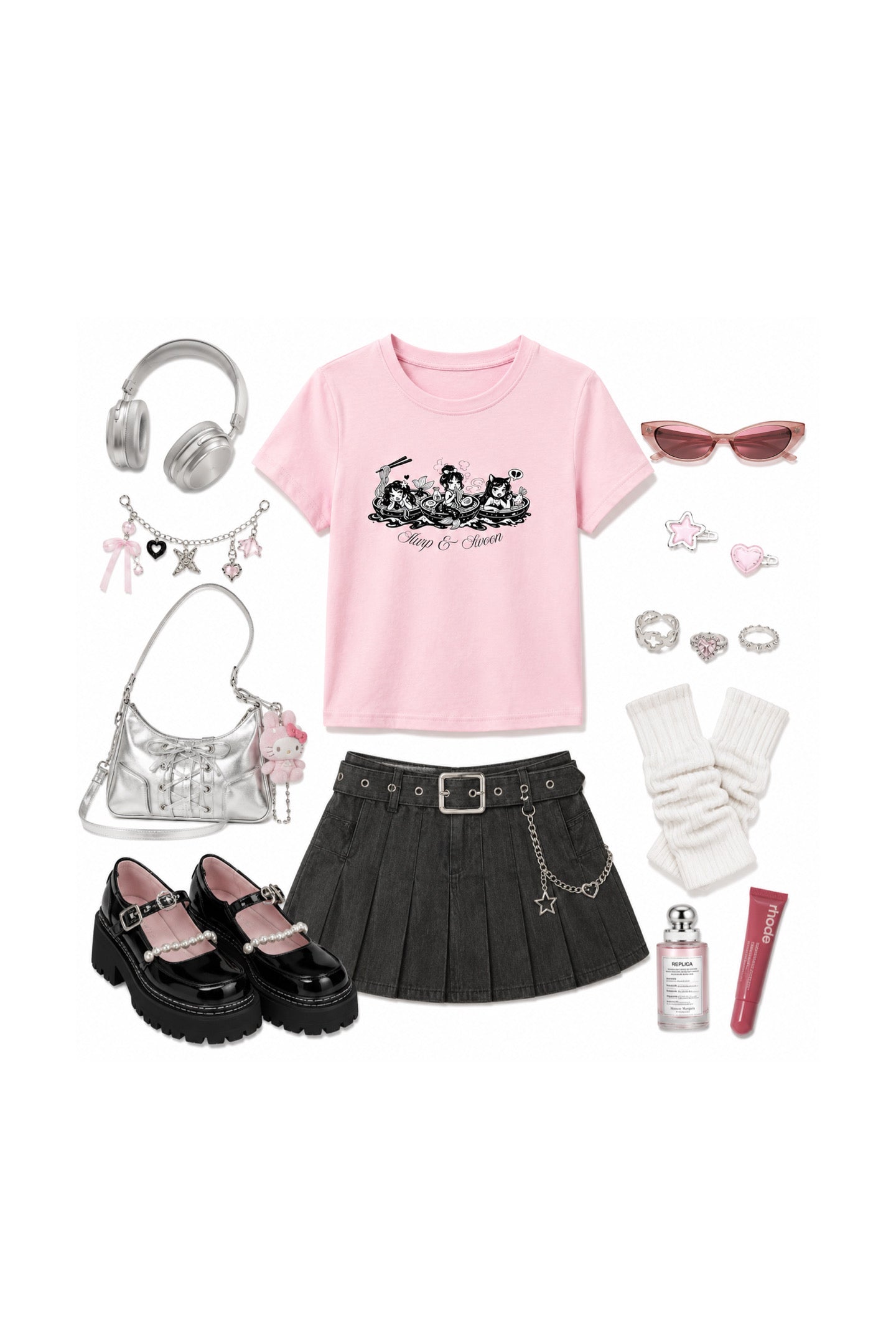 A flat lay of a girl's fashion outfit on a white background, featuring a light pink graphic t-shirt, a black pleated mini skirt with silver hardware, black Mary Jane platform shoes, a silver shoulder bag, white knit finger cots, pink sunglasses, silver headphones, and various jewelry accessories.