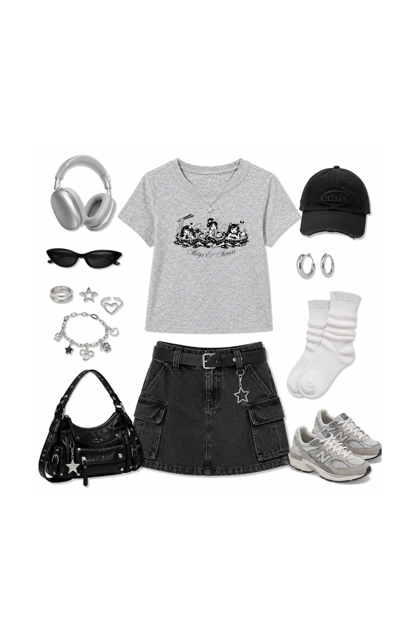 A flat-lay outfit arrangement on a white background featuring a light gray graphic t-shirt, a black denim skirt, a black baseball cap, white socks, silver sneakers, a black studded handbag, silver headphones, sunglasses, rings, and a silver necklace.