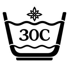 A black laundry care symbol icon showing a washing machine basket with '30C' written inside and a flower motif above, on a plain white background.