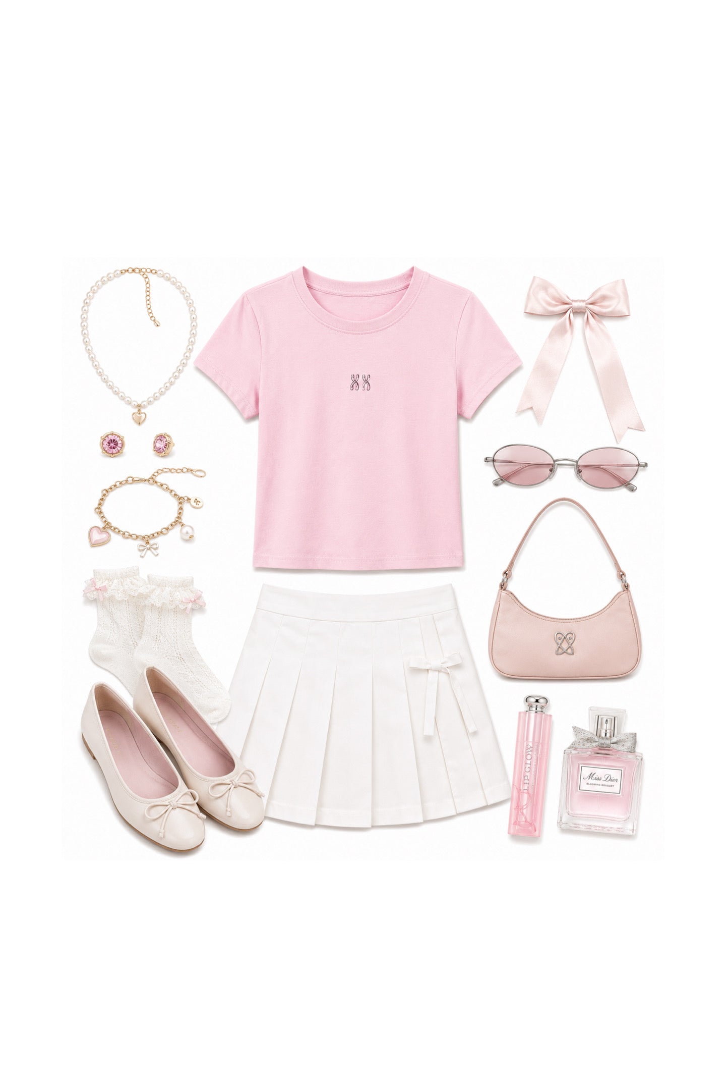 A styled flat-lay outfit set featuring a light pink short-sleeve crop top with a small embroidered monogram, a white pleated mini skirt, a matching pink bow headband, white ruffled socks, beige ballet flats, a pink shoulder bag, gold-toned jewelry, pink sunglasses, and a pink perfume bottle, all arranged on a solid white background.